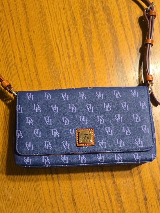 Dooney & Bourke Handbags - Dooney & Bourke Blue Monogram Crossbody with Tan Strap Accents